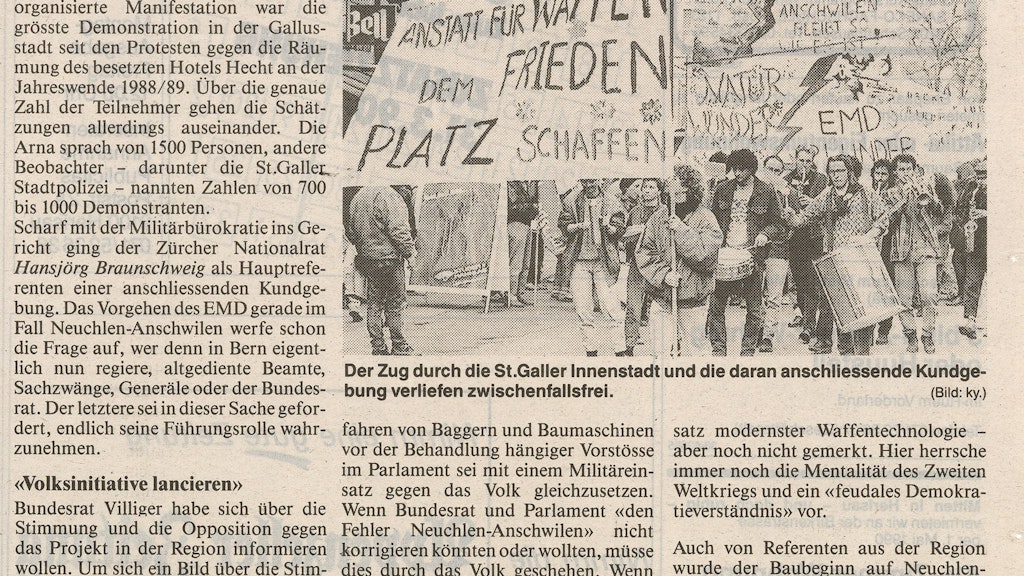 Appenzellerzeitung zum Bau des Waffenplatzes Neuchlen-Anschwilen (19.03.1990)