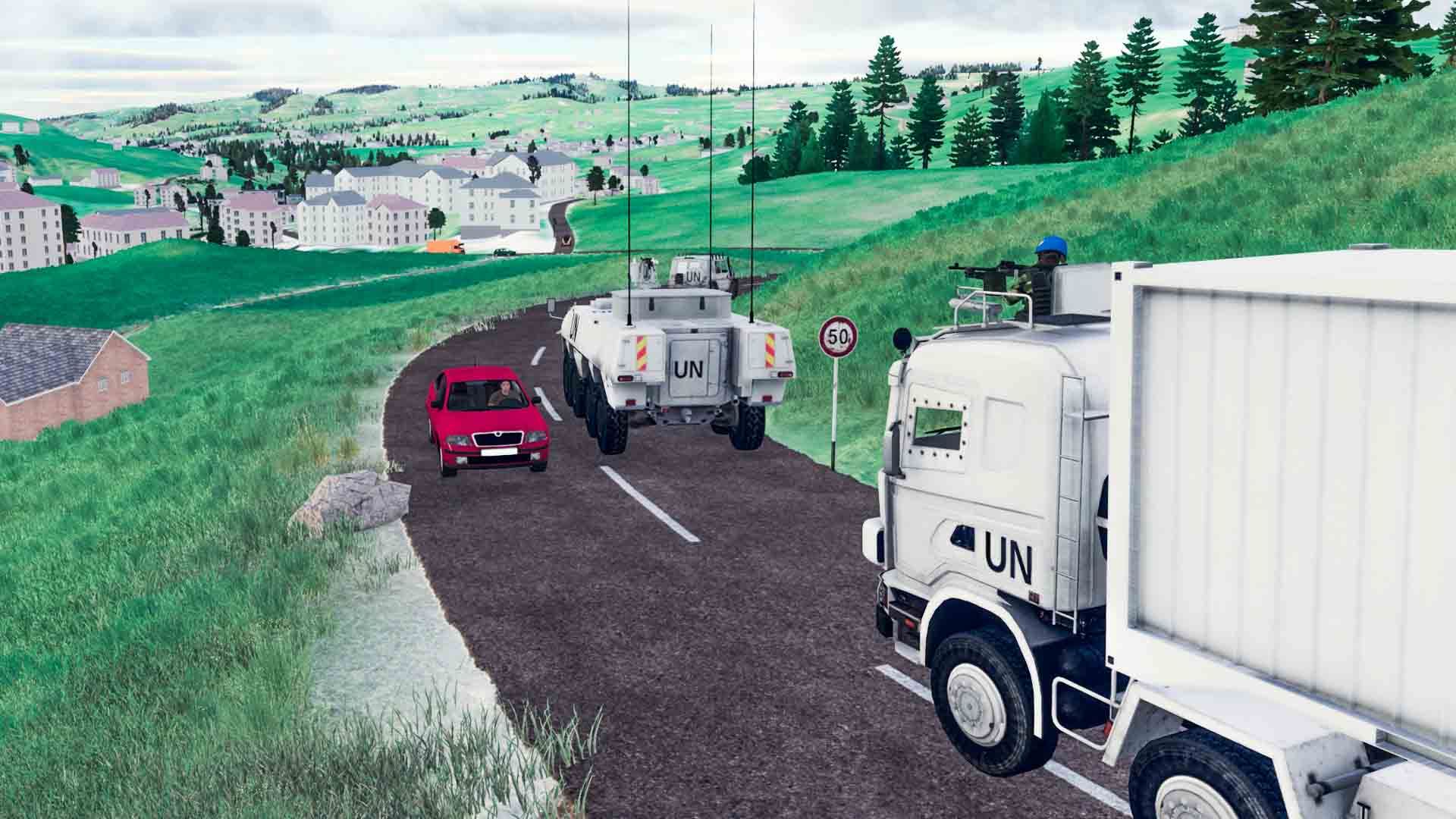 In-game Aufnahme eines UNO-Konvois im Appenzellerland: Die Möglichkeit der detaillierten Geländegenerierung kombiniert mit der offenen Architektur der Simulationssoftware erlaubt die Verwendung der Software für eine Vielzahl von Anwendungsfällen der gefechtstechnischen und der taktischen Stufe.