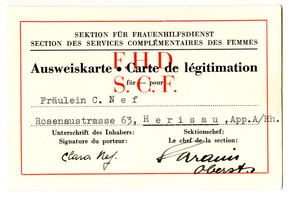 Ausweiskarte des Frauenhilfsdienstes von Clara Nef, 1940-1949