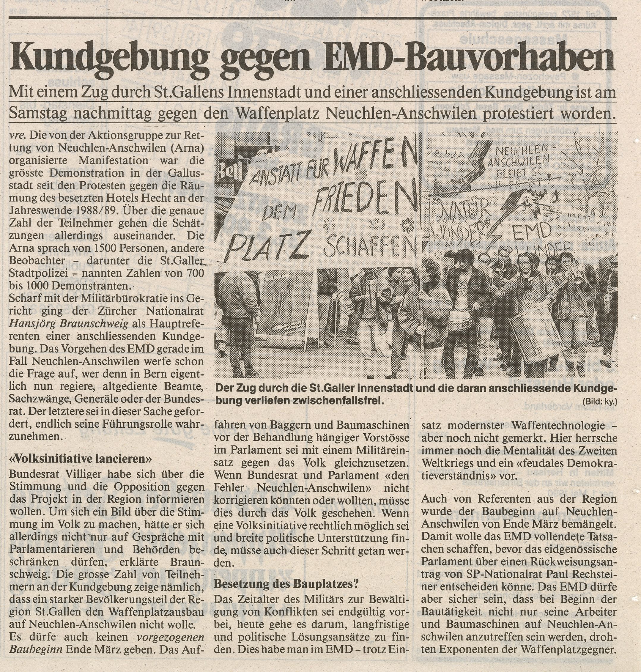 Appenzellerzeitung zum Bau des Waffenplatzes Neuchlen-Anschwilen (19.03.1990)