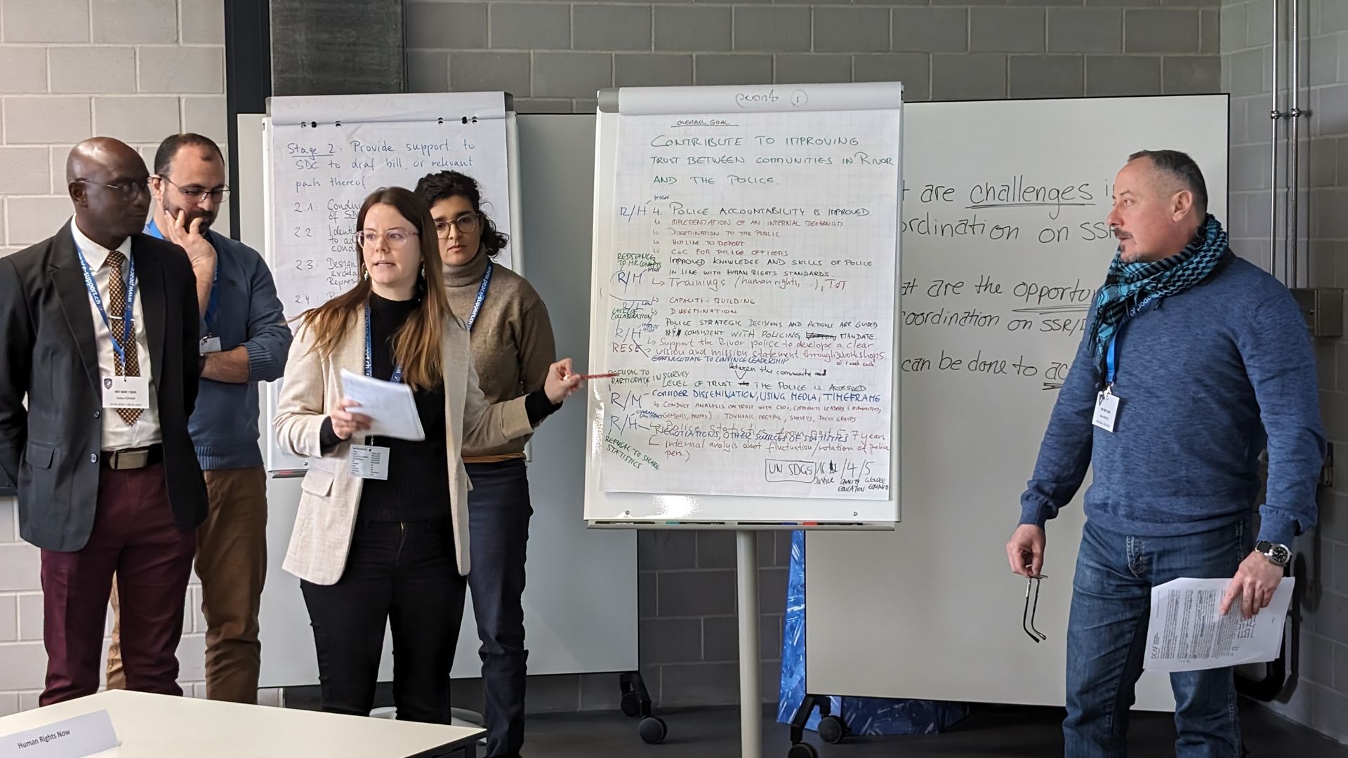 Lors d’une séquence de formation, il s’agissait pour les groupes de travail de présenter sur un chevalet comment ils mettraient en œuvre une intervention dans les domaines RSS/RDA.